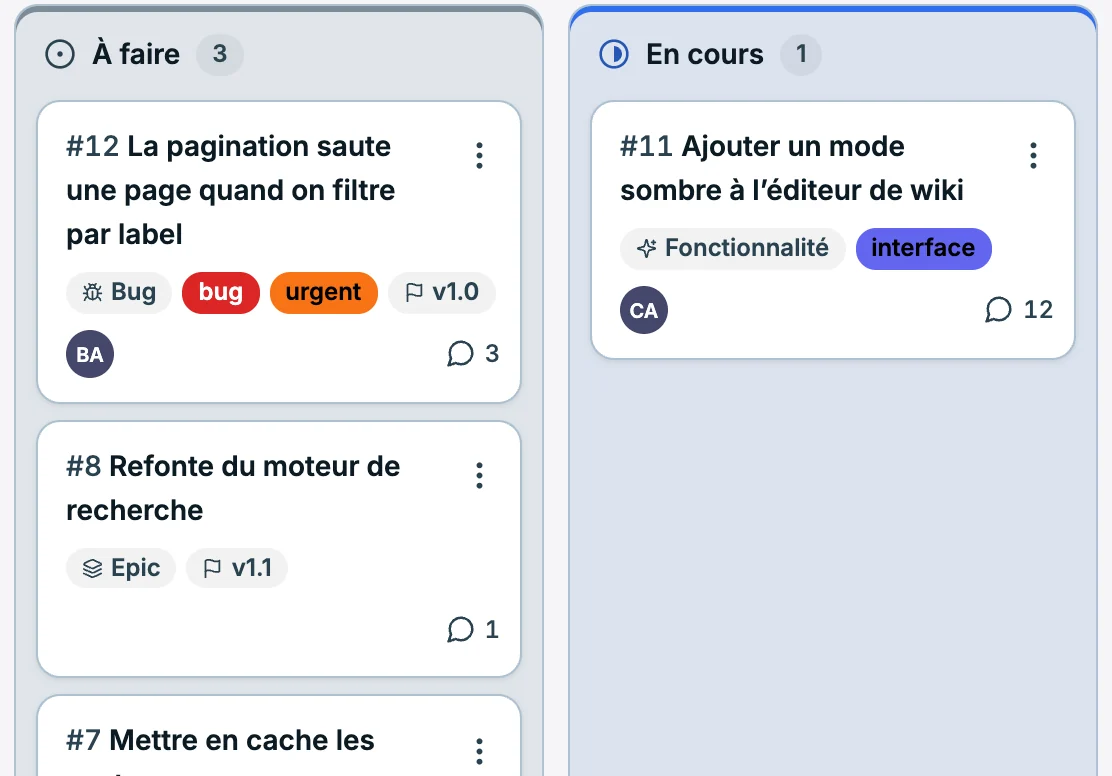 FerrisGit: two columns of the kanban board, with the cards of the issues