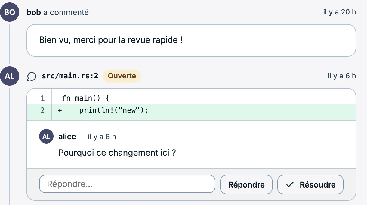 FerrisGit: a review thread on a line of a merge request, with the reply field and the Resolve button